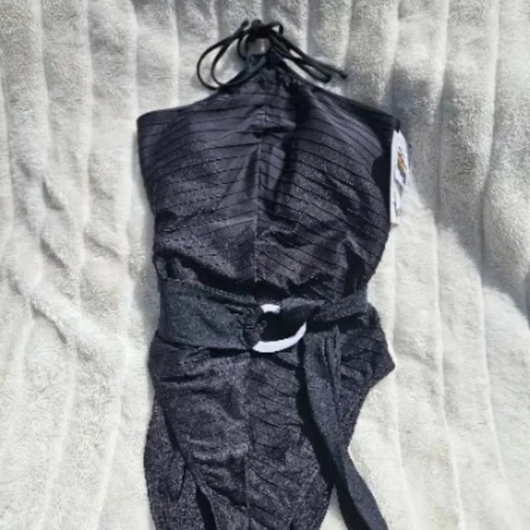 NEW Time and Tru Women's Chevron Halter One Piece Swimsuit With Belt Black Sz M - Picture 3 of 9